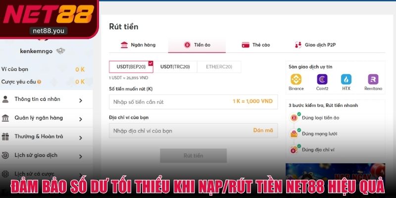 Đảm bảo số dư tối thiểu khi nạp/rút tiền NET88 hiệu quả